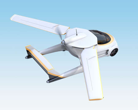 Rear view of futuristic autonomous car flying in the sky. 3D rendering image.の写真素材
