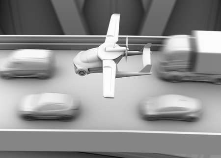 Clay shading rendering of futuristic flying car flying over traffic jam in the highway. 3D rendering image.の写真素材