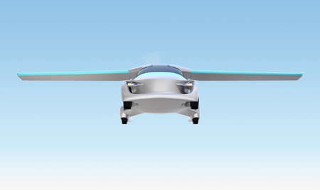 Front view of futuristic autonomous car flying in the sky. Original design. 3D rendering image.の写真素材