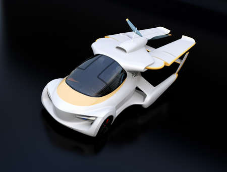 Futuristic autonomous car on black background. The wings turned to rear side in compact size. Flying car concept. 3D rendering image.の写真素材