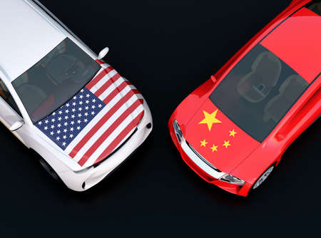US and China flags on two automobiles hood. black background. China USA trade war, American tariffs concept. 3D rendering image.の写真素材