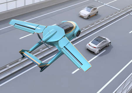 Futuristic flying car flying over a silver sedan driving on highway. Fast transportation without traffic jam concept. 3D rendering image.の写真素材