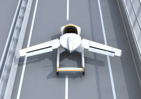 Rear view of futuristic flying car takes off from highway. Fast transportation without traffic jam...