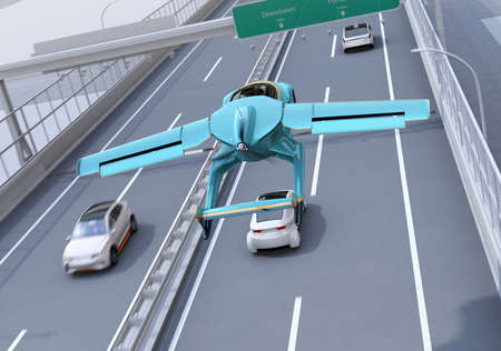 Futuristic flying car flying over a silver sedan driving on highway. Fast transportation without traffic jam concept. 3D rendering image.の写真素材