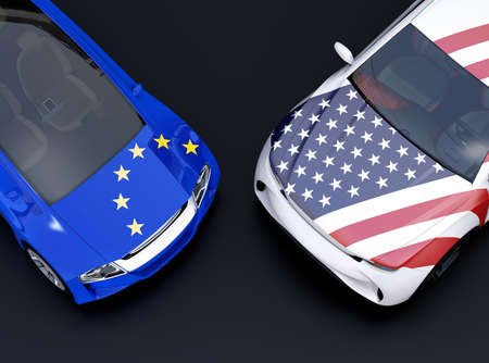 EU and US flags on two automobiles hood. black background. Europe USA trade war, American tariffs concept. 3D rendering image.の写真素材