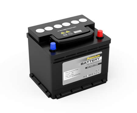 Generic maintenance-free car battery isolated on white background. 3D rendering image.の写真素材