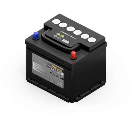 Isometric view of generic maintenance-free car battery isolated on white background. 3D rendering image.の写真素材