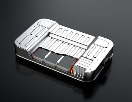 Cutaway view of electric vehicle battery pack on black background. 3D rendering image.の写真素材