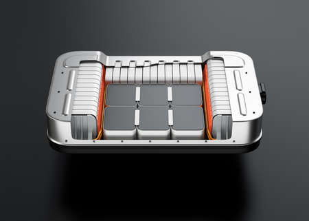 Cutaway view of electric vehicle battery pack on black background. 3D rendering image.の写真素材