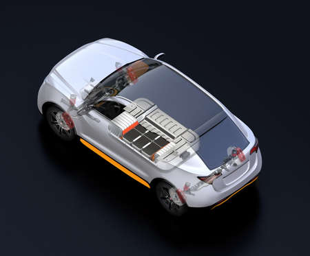 Transparent view of electric SUV car with suspension, steering system and battery package in cutaway mode. Black background and isometric view. 3D rendering image.の写真素材