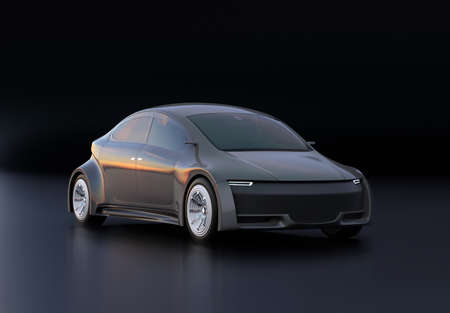Metallic gray electric car on black background. 3D rendering image.の写真素材