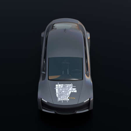 Front view of metallic gray electric car with car sharing graphic pattern on hood. Black background. 3D rendering image.の写真素材