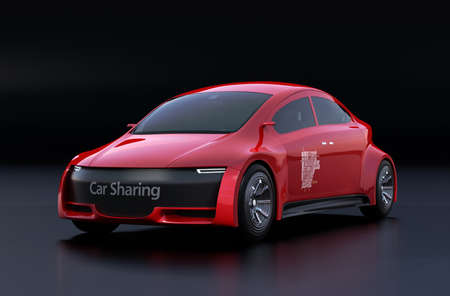 Metallic red electric car on black background. 3D rendering image.の写真素材