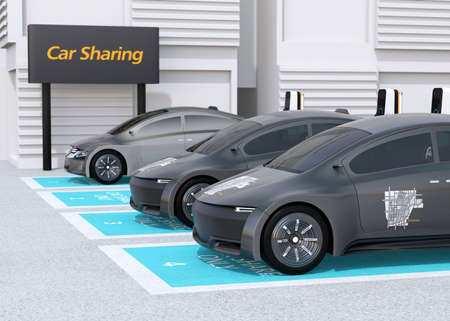 Side view of electric cars parking in car sharing only parking lot. 3D rendering image.の写真素材