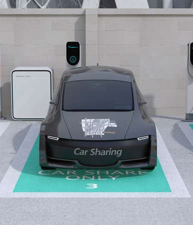 Front view of metallic gray electric car in car sharing only parking lot. 3D rendering image.の写真素材