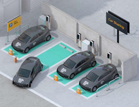 Isometric view of car sharing parking lot equipped with charging station and batteries. 3D rendering image.の写真素材