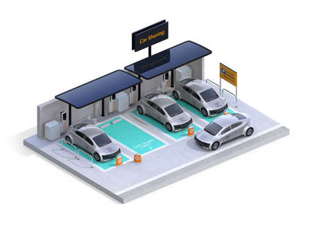 Isometric view of parking lot equipped with charging station, solar panel. Car sharing business. White background. 3D rendering image.の写真素材