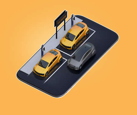 Isometric view of yellow electric cars with car sharing billboard on smartphone. Yellow background. Car sharing concept. 3D rendering image.の写真素材