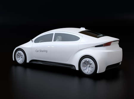 Rear view of white electric vehicle for car sharing service. Black background. 3D rendering image.の写真素材