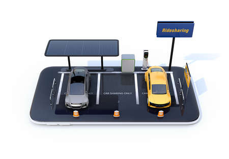 Front view of electric cars with solar panels, charging stations and battery on smartphone. White background. Car sharing concept. 3D rendering image.の写真素材