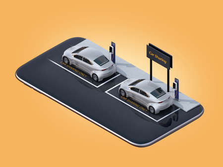 Isometric view of silver electric cars with car sharing billboard on smartphone. Yellow background. Car sharing concept. 3D rendering image.の写真素材