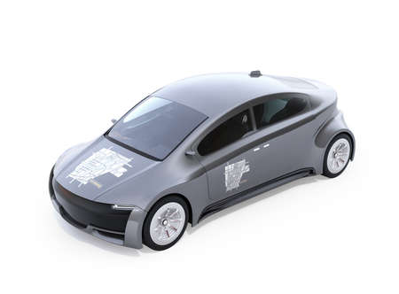 Metallic gray electric car with car sharing graphic pattern on hood and doors. White background. 3D rendering image.の写真素材