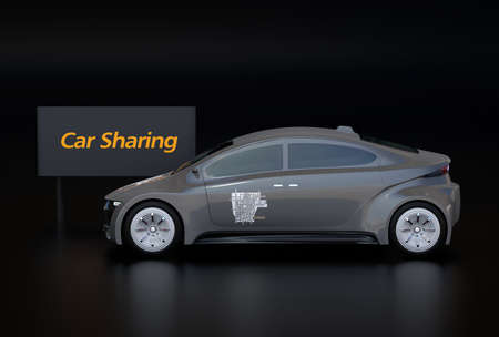 Side view of metallic gray electric car with car sharing graphic pattern on door. Black background. 3D rendering image.の写真素材