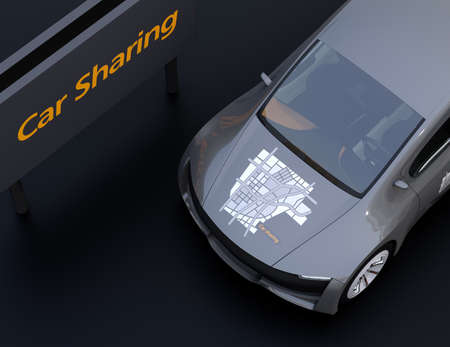 Close-up view of metallic gray electric car with car sharing graphic pattern on hood. Black background. 3D rendering image.の写真素材