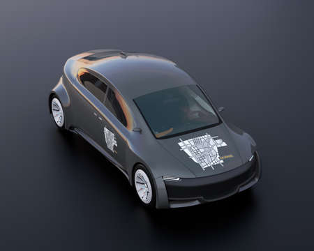 Metallic gray electric car with car sharing graphic pattern on hood. Black background. 3D rendering image.の写真素材