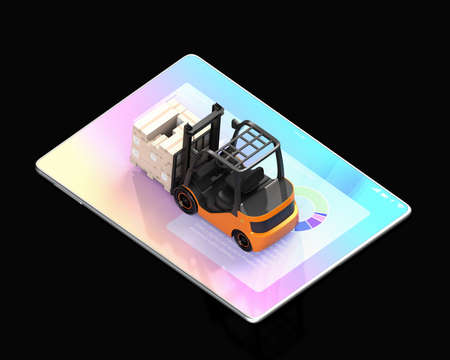 Electric forklift with cardboard boxes on tablet PC. Black background. Factory automation concept. 3D rendering image.の写真素材