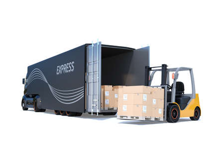 Electric semi truck and forklift isolated on white background. 3D rendering image.の写真素材