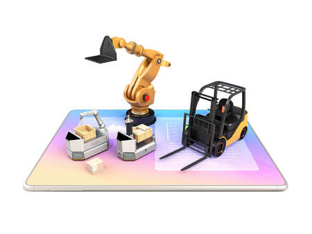 Electric forklift, AGV and industrial robot on tablet PC. White background. Factory automation concept. 3D rendering image.の写真素材