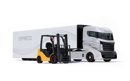 Electric semi truck and forklift isolated on white background. 3D rendering image.