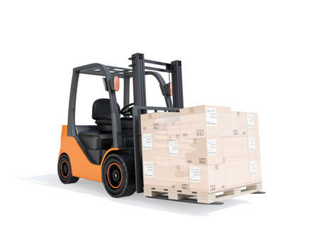 Electric forklift carrying cardboard boxes on pallet. White background. 3D rendering image.の写真素材