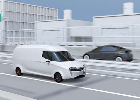 White self-driving delivery van driving on highway. 3D rendering image.の写真素材