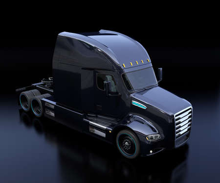 Black fuel cell powered American truck cabin on black background. 3D rendering image.の写真素材