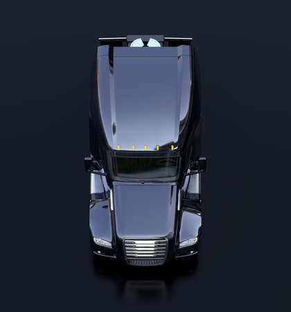 Front view of black American fuel cell powered truck cabin on black background. 3D rendering image.の写真素材