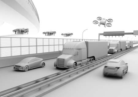 Clay rendering of American Trucks, cargo drones and flying car. Logistics and transportation concept. 3D rendering image.の写真素材