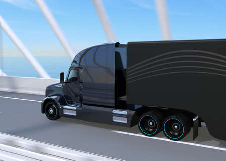 Rear view of black Fuel Cell Powered American Truck driving on highway. 3D rendering image.の写真素材