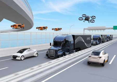 Fleet of American Trucks, cargo drones and flying car. Logistics and transportation concept. 3D rendering image.の写真素材