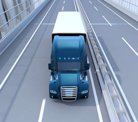 Front view of metallic blue Fuel Cell Powered American Truck driving on highway. 3D rendering image.の写真素材