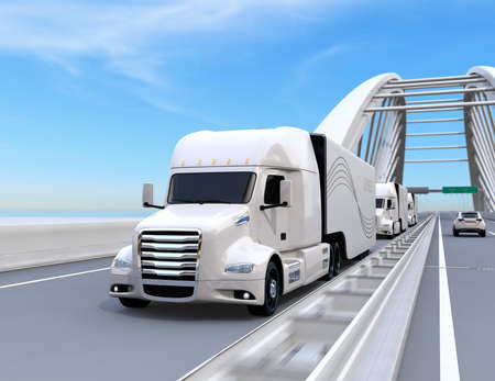 A fleet of white self-driving Fuel Cell Powered American Trucks driving on highway. 3D rendering image.の写真素材