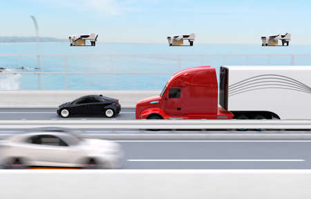 Fleet of American Trucks, cargo drones and flying car. Logistics and transportation concept. 3D rendering image.の写真素材