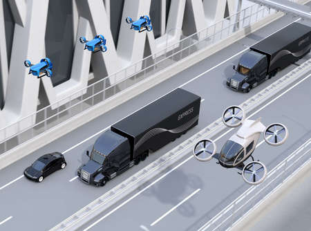 Fleet of American Trucks, cargo drones and flying car. Logistics and transportation concept. 3D rendering image.の写真素材