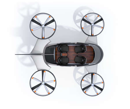 Cutaway view of Passenger Drone with interior layout on white background. Front seats turned backward. 3D rendering image.の写真素材