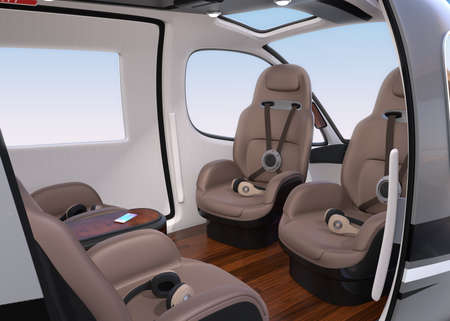 Passenger Drone Interior with front passenger seats turned backward. Headsets on each seats. 3D rendering image.の写真素材