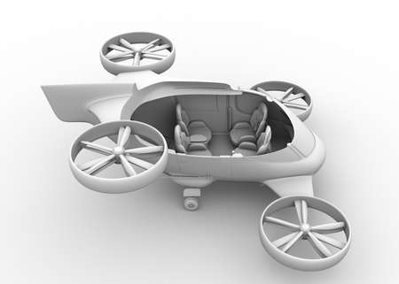 Clay shading rendering cutaway view of Passenger Drone with interior layout on white background. Front seats turned backward. 3D rendering image.の写真素材