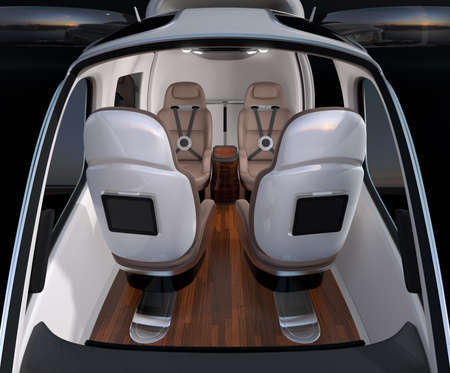 Front view of Passenger Drone interior. Front leather seats turned backward. 3D rendering image.の写真素材