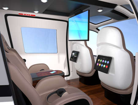 Interior of Passenger Drone equipped with ceiling and seats mounted monitors. luxury leather seats turned backward. 3D rendering image.の写真素材