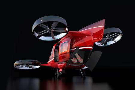 Rear view of Red Passenger Drone on black background. Rear hatches opened and two golf bags inside. 3D rendering image.の写真素材